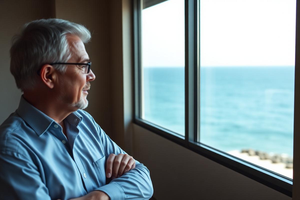 Two senior leaders in conversation beside a window overlooking the ocean